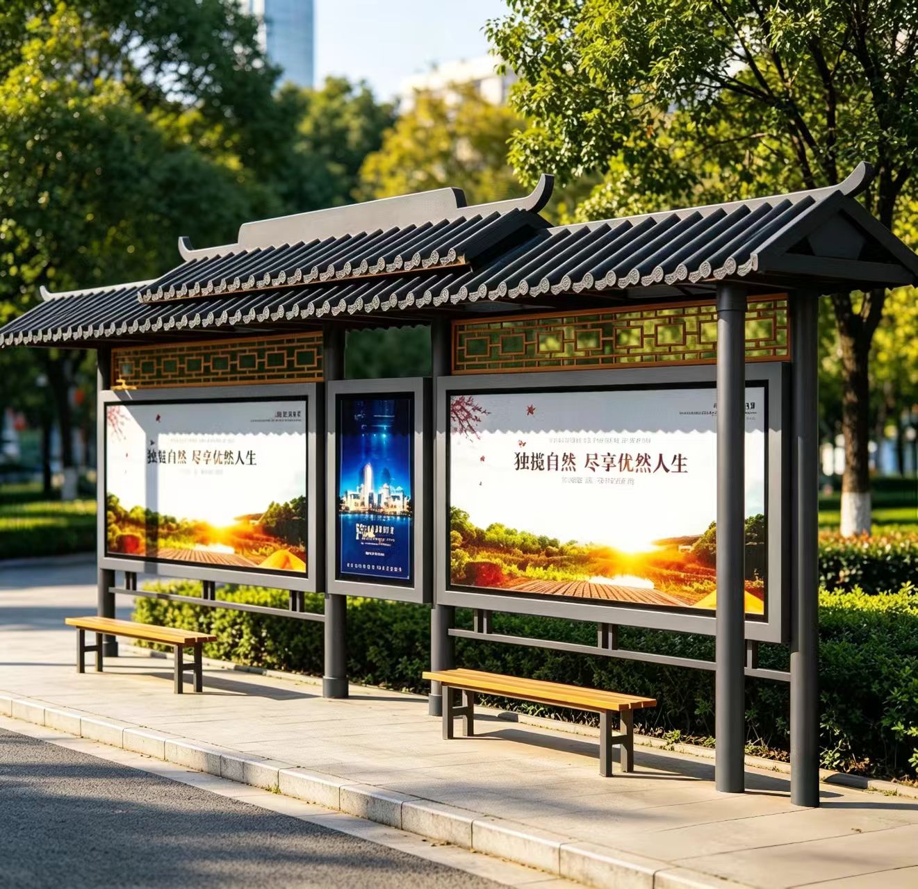 中式古典公交候车亭  城市景观候车廊架